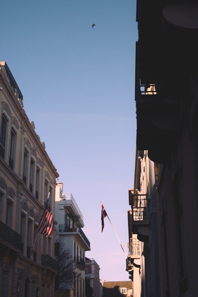 π USA Geopolitical Strategies & Theories a flag flying in the air next to a row of buildings